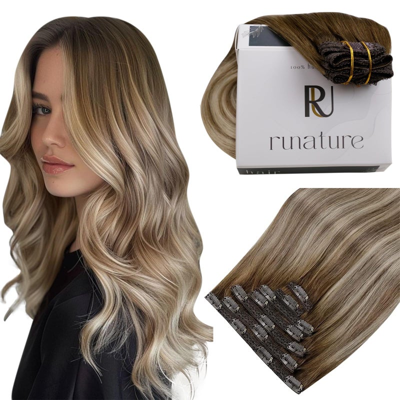 RUNATURE Clip in Hair Extensions Real Human Hair Balayage Hair Extensions Clip Ins Double Weft Remy Straight Hair 18 Inch 120g 7pcs 3822 Walnut Brown to Light Brown Highlight Light Blonde